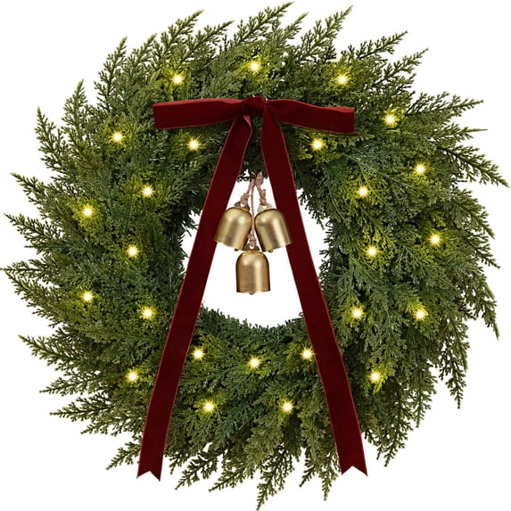 Yastouay 24" Cedar Wreath for Front Door with Lights, Artificial Christmas Wreath for Wall Porch Home Xmas Decor