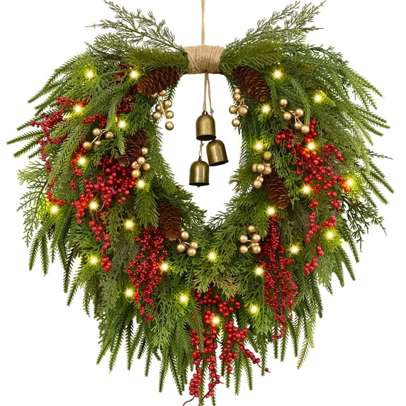 Yastouay 24" Christmas Wreath with Lights Bells, Artificial Heart Shape Norfolk Pine Wreath with Red Berries for Wall Porch Home Xmas Decor