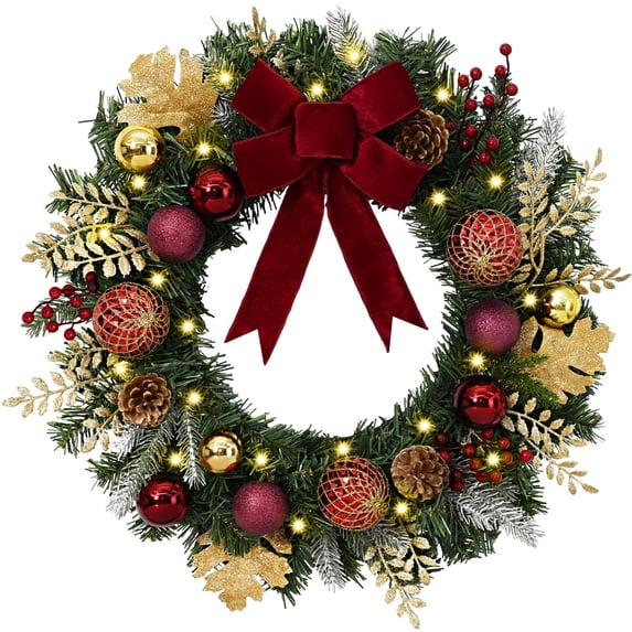 Yastouay 24" Pre-lit Christmas Wreath with Bow, Artificial Pine Wreath with Red Balls for Xmas Decor