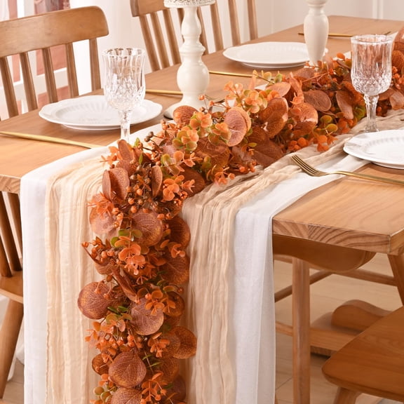 Yastouay 2Pcs 6FT Fall Garland Artificial Orange Eucalyptus Fall Leaf Garland Vine for Thanksgiving Home Mantel Stair Arch Decor