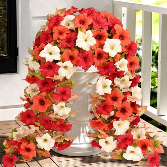 Yastouay 2pcs Artificial Fall Flowers for Outdoors, Fall Decor Orange White Hanging Petunias Fake Flowers for Home Yard