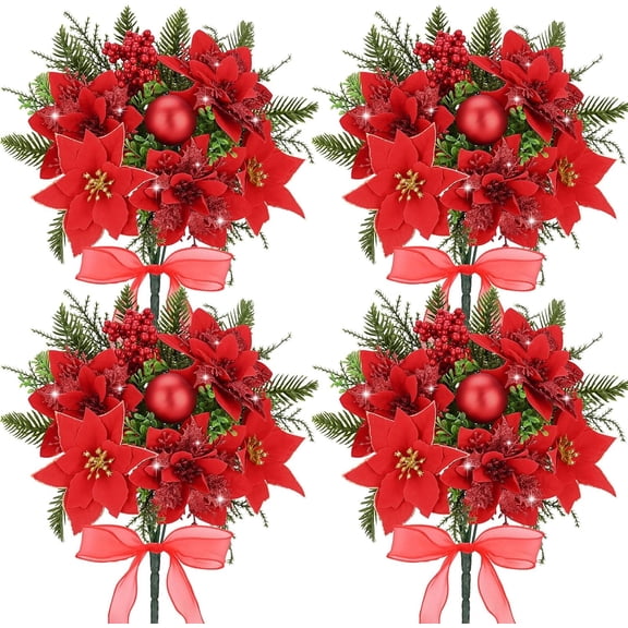 Yastouay 4 Pack Christmas Flowers Poinsettia Artificial Flowers,13.8inch Faux Red Velvet Poinsettia for Indoor Outdoor Christmas Decor