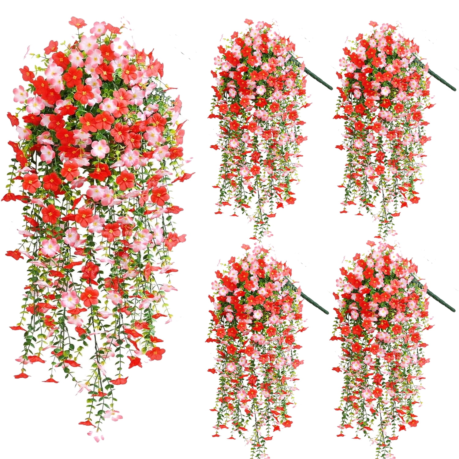 Yastouay 4pcs Artificial Hanging Flowers for Outdoors, UV Resistant Fake Flowers,Red Violet Outdoor Faux Plants for Garden Balcony Yard Porch