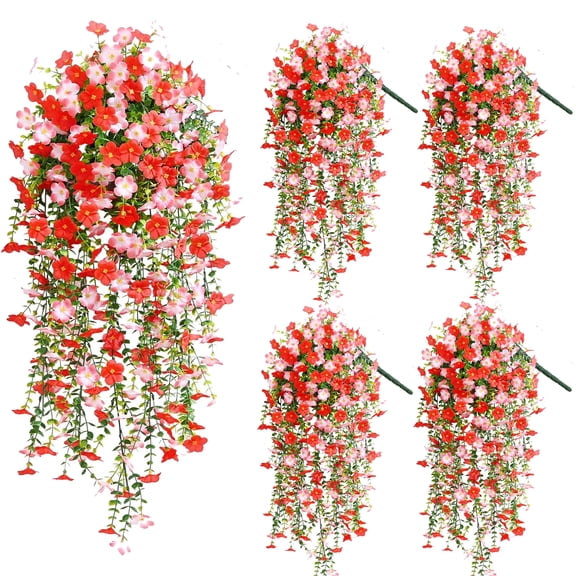 Yastouay 4pcs Artificial Hanging Flowers for Outdoors, UV Resistant Fake Flowers,Red Violet Outdoor Faux Plants for Garden Balcony Yard Porch