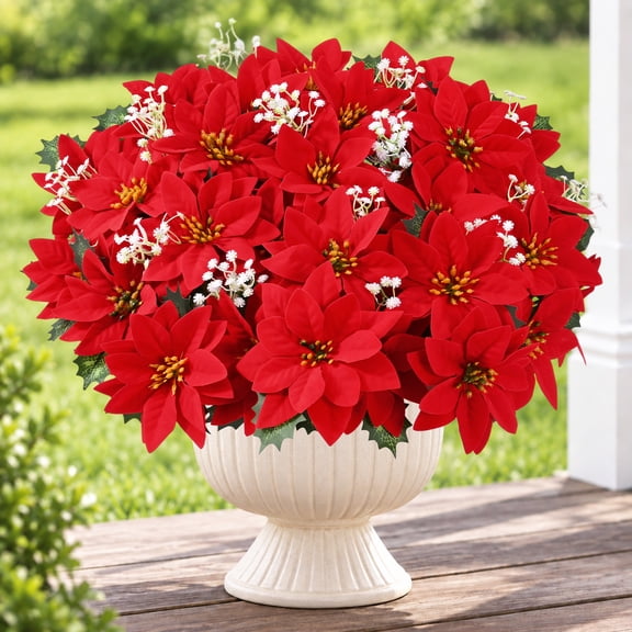 Yastouay 6 Bundles Artificial Poinsettia Flowers with 42 Flower Heads, Christmas Fake Flowers with 10 Bundles Baby's Breath for Outdoor Indoor Home