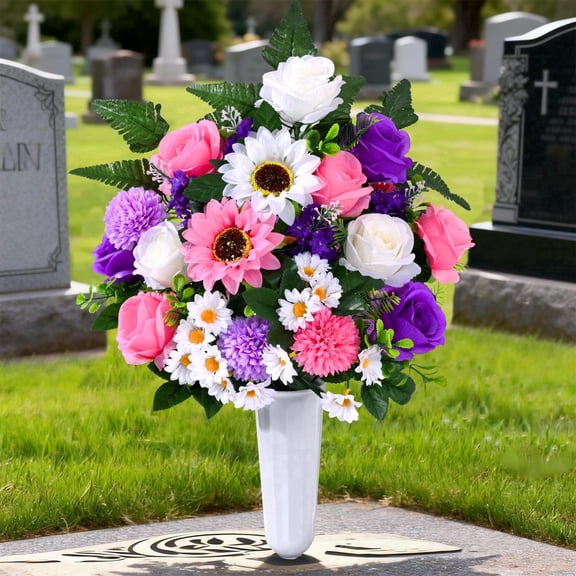 Yastouay 2 Sets Artificial Cemetery Flowers for Grave,Realistic Silk Memorial Flowers with Vase,Faux Rose Lily Grave Bouquet for Memorial Day Grave Decorations