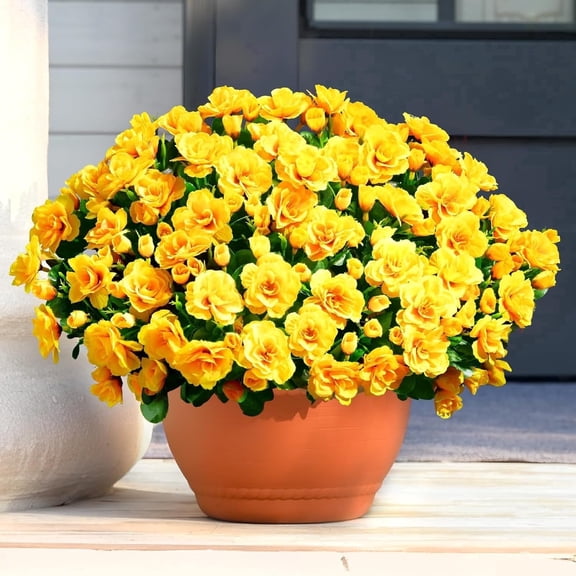 Yastouay 4 Large Bundles Artificial Flowers for Outdoors, Yellow Faux Flowers for Outdoor Planters,Fake Camellia for Spring Decorations