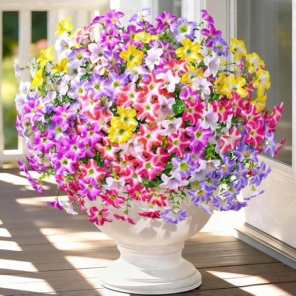 Yastouay 12 Bundles Artificial Petunias Flowers for Outdoors,UV Resistant Fake Flowers for Planters,Mixcolor Faux Petunias Silk Flowers for Proch Garden Yard Decor