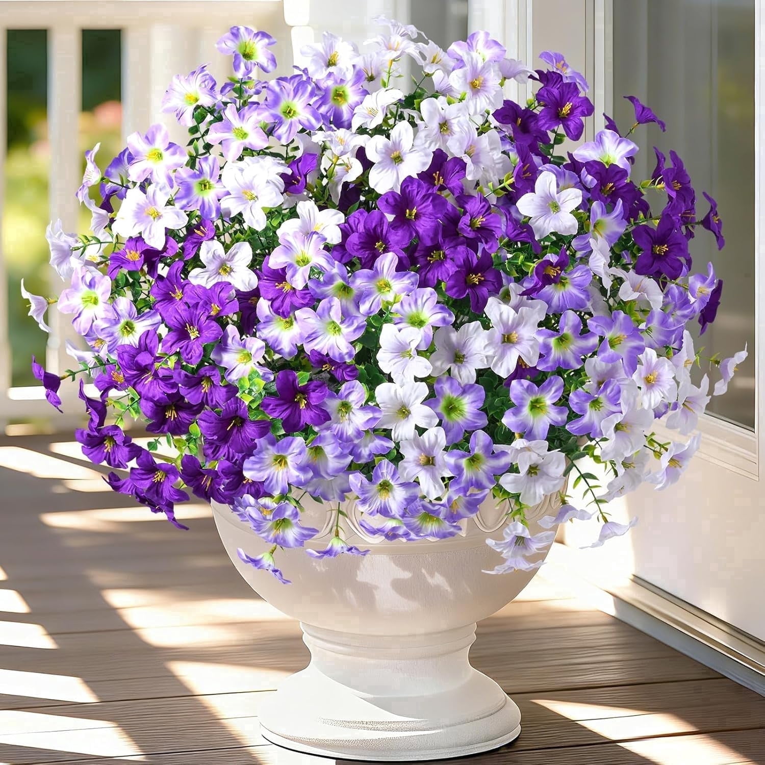 Yastouay 12 Bundles Artificial Petunias Flowers for Outdoors,UV Resistant Fake Flowers for Planters,Purple White Faux Petunias Silk Flowers for Proch Garden Yard Decor