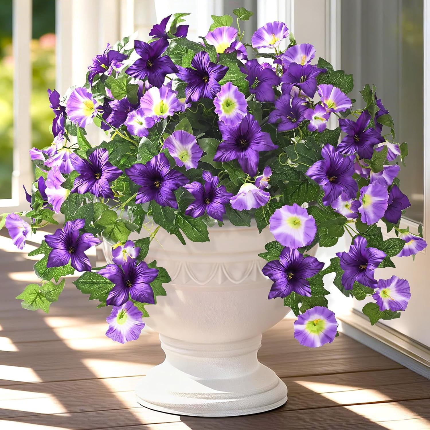 Yastouay Artificial Flowers for Outdoors, 2PCS Artificial Petunias UV Resistant Fake Outdoor Flowers, Realistic Faux Flowers Fake Silk Petunias for Outside Garden Porch Patio Yard Decor, Purple