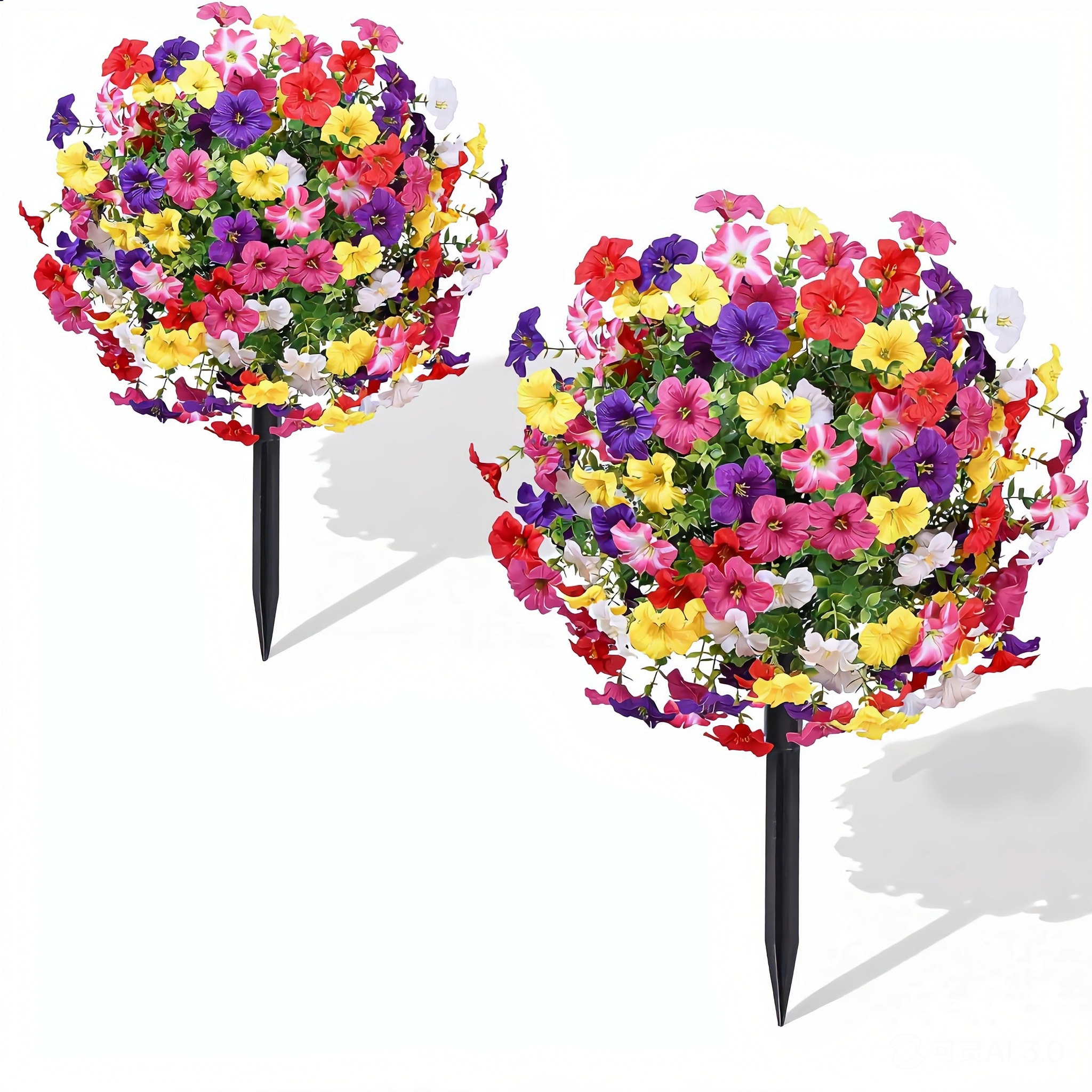 Yastouay 2 Packs Artificial Flowers Topiary Balls with Ground Spikes,23 Inch Colorful UV Resistant Faux Boxwood with Petunias Flowers for Outdoor Garden Decor