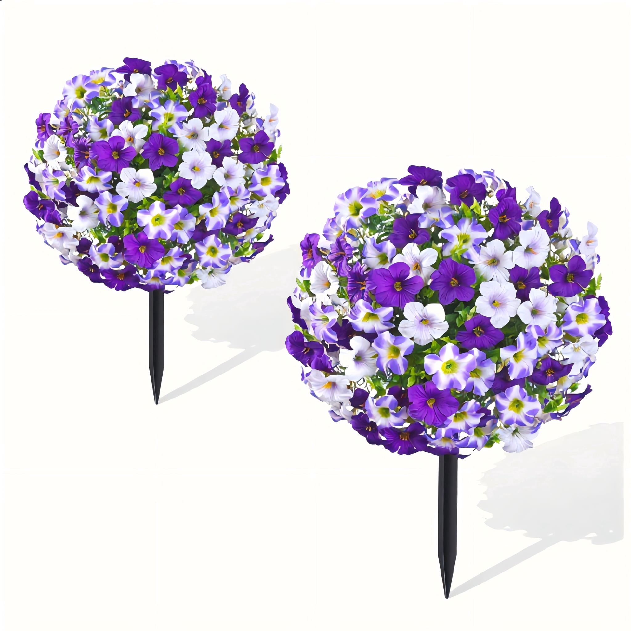 Yastouay 2 Packs Artificial Flowers Topiary Balls with Ground Spikes,23 Inch UV Resistant Faux Boxwood with Petunias Flowers for Outdoor Garden Decor(Mixed Purple)