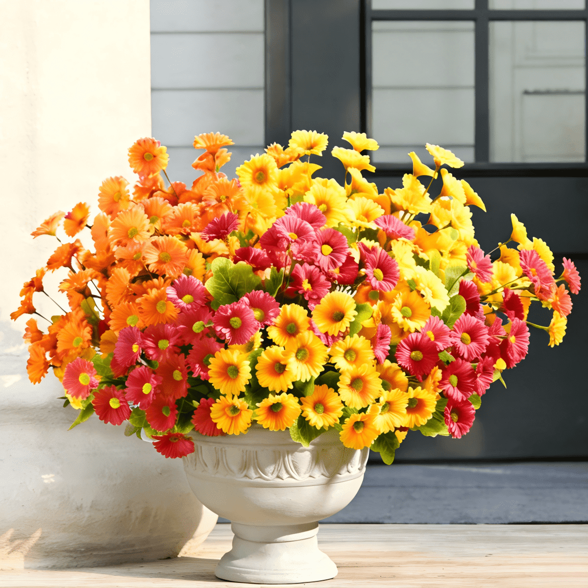Yastouay 12 Bundles Artificial Mums Flowers for Outdoors, UV Resistant Fake Flowers for Planter, Mix Yellow Outdoor Faux Plants for Garden Balcony Yard Porch