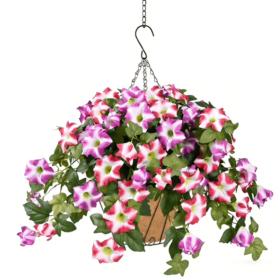 Yastouay 3Pcs Artificial Petunias Hanging Baskets,Purple Pink UV Resistant Artificial Hanging Flowers for Outdoors,Easter Basket for Home Garden Porch Decor