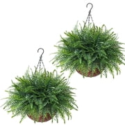 Yastouay Artificial Hanging Ferns Fake Boston Ferns with Basket Outdoor Faux Plants for Home Garden Porch Decor,2 Pcs Deep Green
