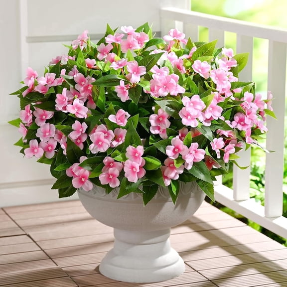 Yastouay 10 Pcs Artificial Flowers for Outdoors ,UV Resistant Faux Impatiens for Outdoor Planters,Pink Silk Flowers for Front Door Porch Decorations