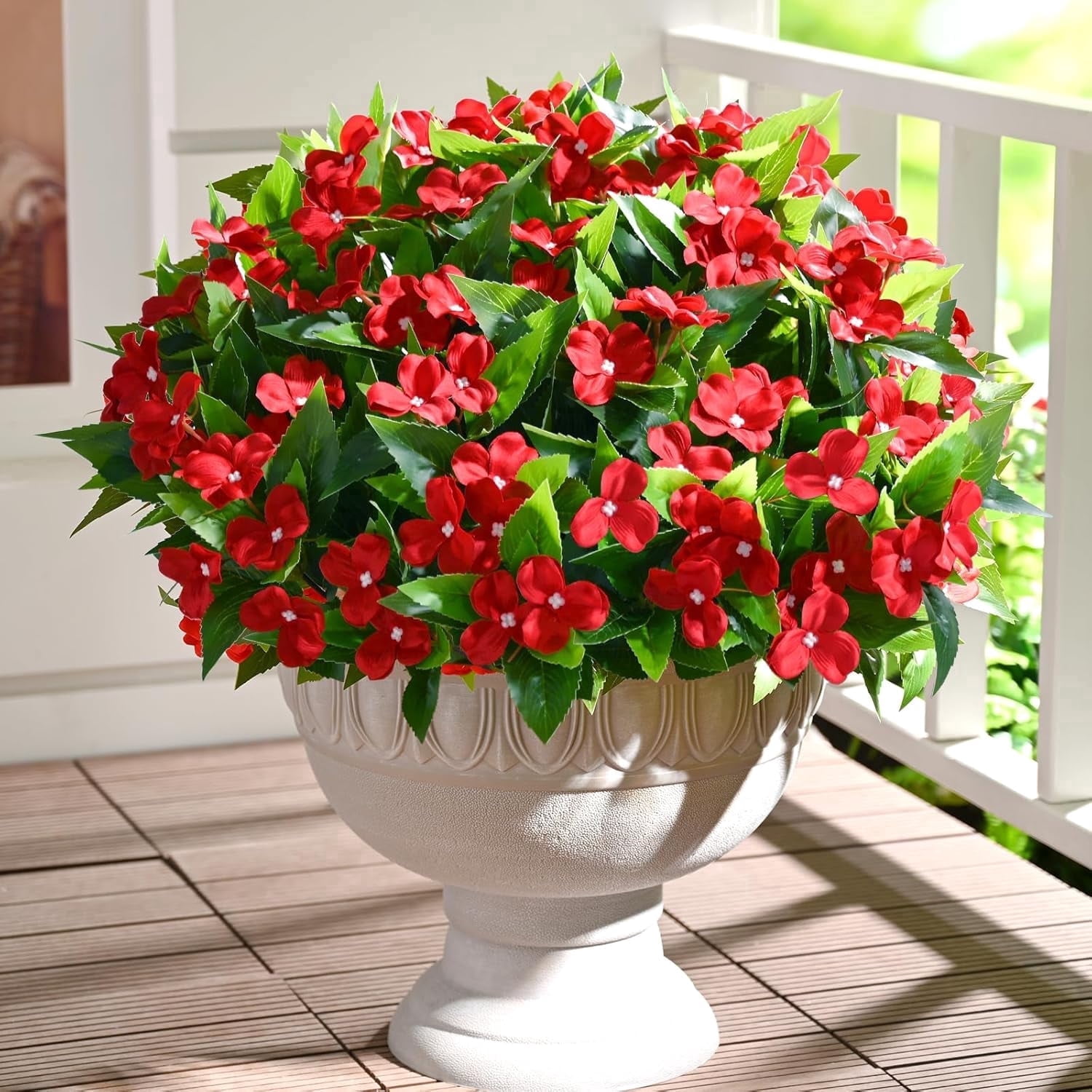 Yastouay 10 Pcs Artificial Flowers for Outdoors ,UV Resistant Faux Impatiens for Outdoor Planters,Red Silk Flowers for Front Door Porch Decorations