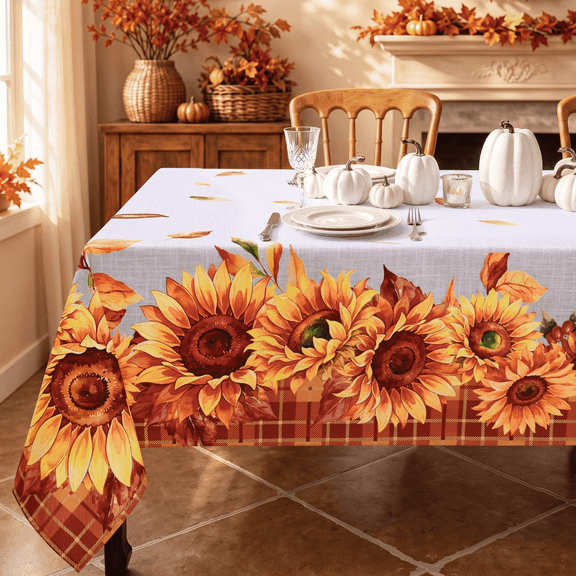 Yastouay Fall Sunflower Tablecloth Rectangle Plaid Tablecloth Autumn Leaves Table Cover 60x84 Inch for Harvest Fall Thanksgiving Home Decor