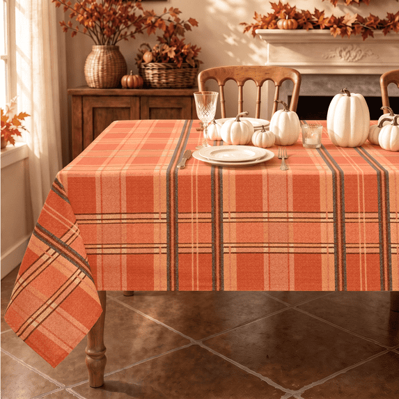 Yastouay Buffalo Plaid Table Cloth Fall Rectangle Tablecloth Orange Table Cover for Dinner Autumn Decor,55x55 Inch