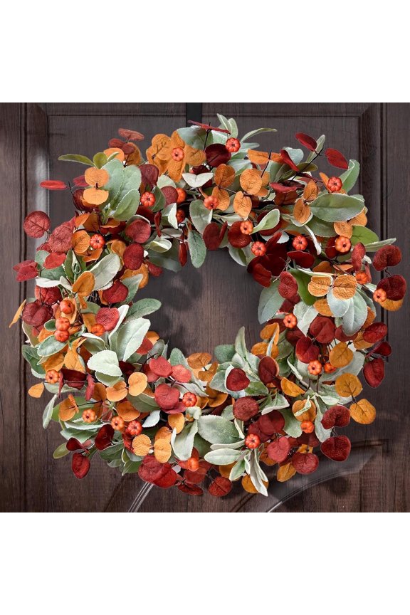 22" Fall Wreath for Front Door, Autumn Door Wreath with Eucalyptus Lambs Ears Leaves for Harvest Thanksgiving Home Fall Decor