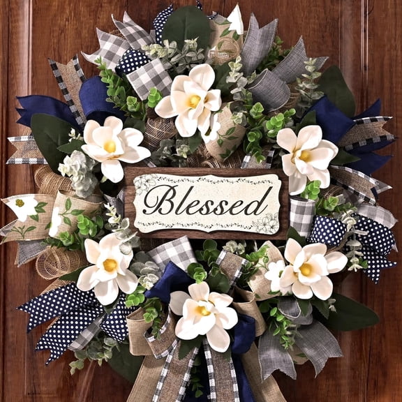 Yastouay 22 Inch Spring Wreaths for Front Door,Magnolia Wreath Buffalo Plaid Door Wreath for Farmhouse Decor