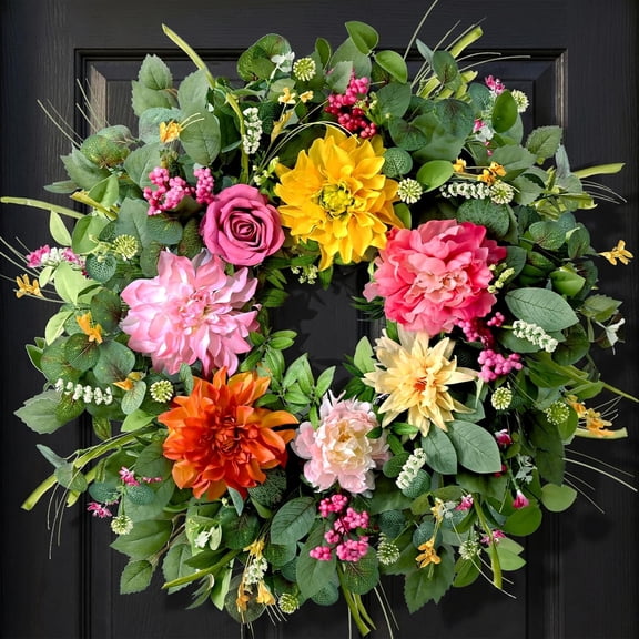 Yastouay Spring Wreaths for Front Door, 24"Colorful Flowers Wreath with Rose Peony for Wall Porch Home Decor
