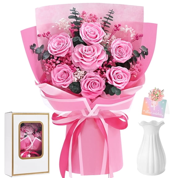 Yastouay 7 Pcs Preserved Roses Bouquet Valentines Day Gifts for Her,Pink Eternal Flowers,Real Long-Lasting Flower Bouquet for Wedding Birthday Decoration