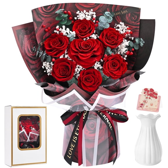 Yastouay 7 Pcs Preserved Roses Bouquet Valentines Day Gifts for Her,Red Eternal Flowers,Real Long-Lasting Flower Bouquet for Wedding Birthday Decoration