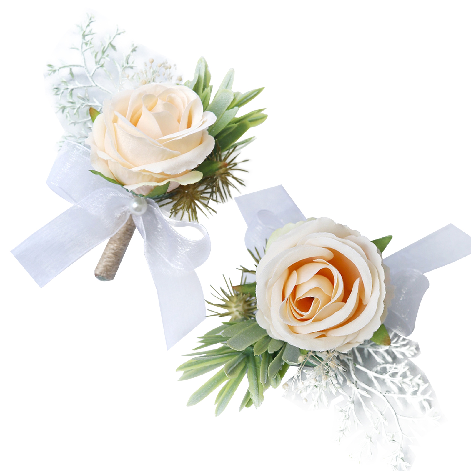 Elegant White Rose Corsage & Boutonniere Set For Weddings, Prom, Parties | Adjustable Silk Wristlet