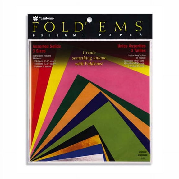 Yasutomo Fold'ems Origami Paper in 3 Sizes: 4.5 inch, 5.8 inch, and 8 inch Squares, Assorted Colors, 55 Sheets (4104)