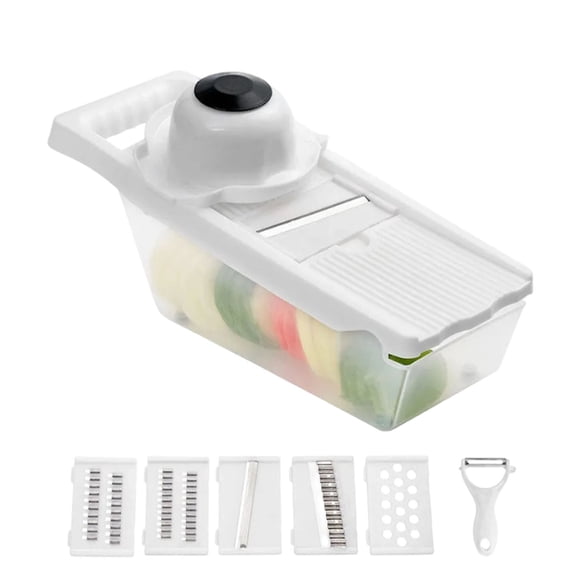 Yatlte 6 in 1 Mandoline Slicer, Hand Guard Vegetable Chopper Cutter with Container & Lid, 5 Replaceable Blades Multifunctional Veggie Dicer Slicer for Onion Potato Carrot, Kitchen Food Prep Gadget