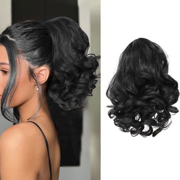 Yatlte Black Ponytail Extension 10 Inch Curly Drawstring Ponytail for Women Clip in Fake Ponytail Synthetic Curly Pony Tails Hair Extensions