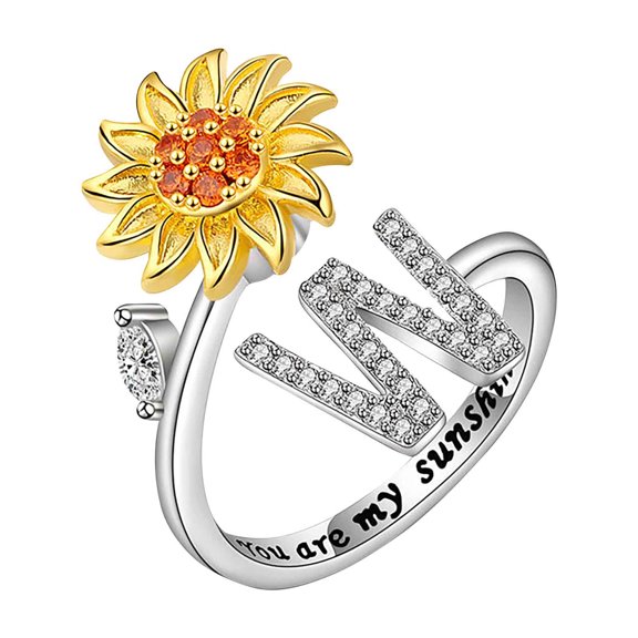 Yatlte Fidget Rings for Anxiety for Women Sunflower Initial Letter Spinner Open Adjustable Ring CZ Daisy Stress Relieving Rings Jewelry Gift for Women Valentine's Day You are My Sunshine Ring