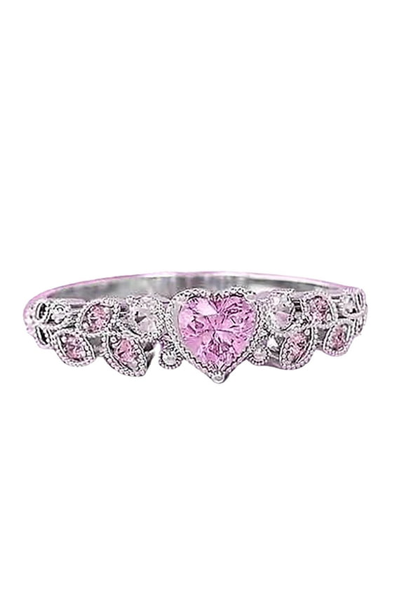 Gemstone Ring, Formal Crystal Full Diamond Pink Heart Gemstone Ring, Cubic Zirconia Promise Love Halo Engagement Wedding Band Eternity Ring for Women