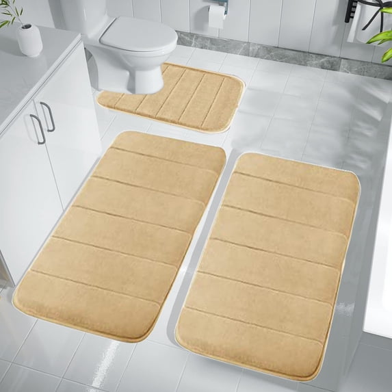 Yatlte Khaki Velvet Fleece Bath Rug Set, Non-Slip (3 Pieces)
