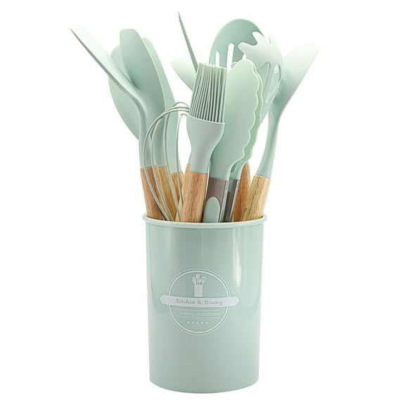 Yatlte Kitchen Utensil Set, 12-Piece Utensils with Silicone Cooking Utensils with Non-Slip Wooden Handle and Organizer Bucket, Silicone Tips, Wooden Handles, Best for Nonstick Pots & Pans