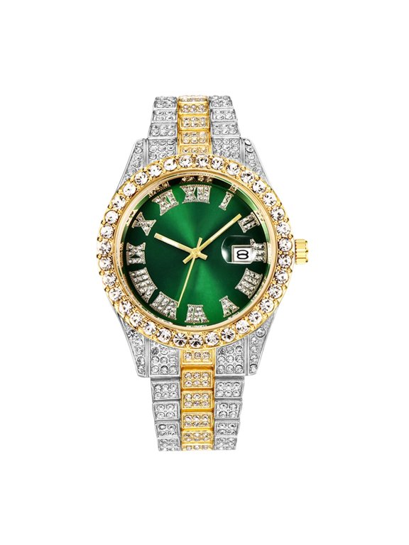 Luxury Men Hip Hop Watch with Roman Scale Calendar Diamond Wrist Watch Stainless Steel Watches