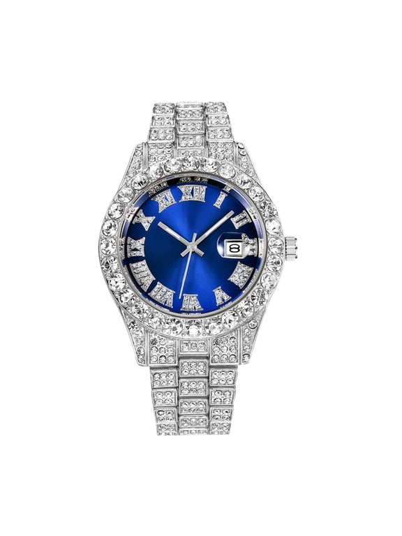 Luxury Men Hip Hop Watch with Roman Scale Calendar Diamond Wrist Watch Stainless Steel Watches