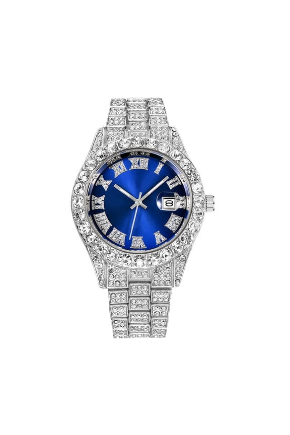 Luxury Men Hip Hop Watch with Roman Scale Calendar Diamond Wrist Watch Stainless Steel Watches