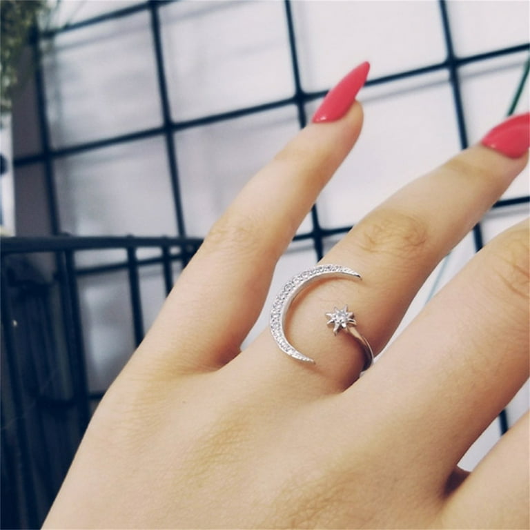 Yatlte Moon Ring, Sterling Silver Moon Star Rings for Women