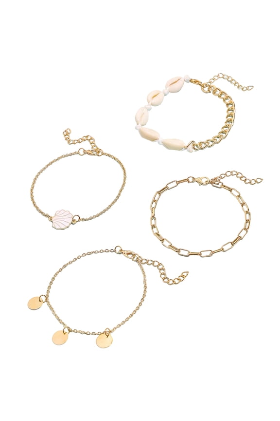 Shell Ankle Bracelet Set for Women, Gold Plated Boho Bead Adjustable Anklet, Hawaiian Beach Seashell Pearl Heart Starfish Conch Foot Jewelry Gifts