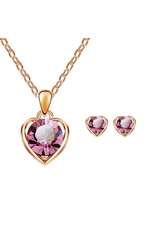 Simulated Ruby Crystal Heart Necklace and Stud Earrings Set - Queen of Hearts Pendant Jewelry Set Silver Chain January Birthstone Red Heart Jewelry Gifts for Women