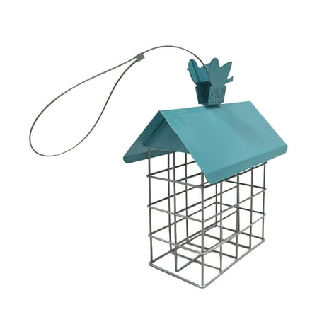 Yatlte Squirrel Proof Bird Feeder, Hanging Suet Holder with Metal Roof and Platform Outside, Cake Suet Feeder Rainproof Suet Cage for Oriole Hummingbird Chickadee Nuthatch