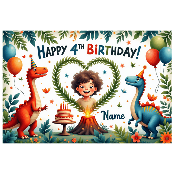 Yatrandify Dinosaur Theme Happy 4th Birthday Banner with Balloons and Cake for Kids Party Celebration Indoor Decoration