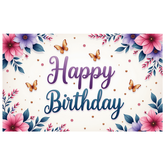 Yatrandify Floral Design Happy Birthday Banner Butterfly Decoration Elegant Flowers Whimsical Theme for Birthday Celebration Indoor Decoration Party Backdrop
