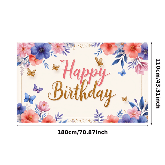 Yatrandify Floral Design Happy Birthday Banner Butterfly Decoration Elegant Flowers Whimsical Theme for Birthday Celebration Indoor Decoration Party Backdrop