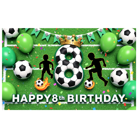 Yatrandify Green Balloon Soccer Banner Happy 8th Birthday Party Decoration Kids Celebration Backdrop for Soccer Party Children Event