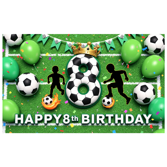 Yatrandify Green Balloon Soccer Banner Happy 8th Birthday Party Decoration Kids Celebration Backdrop for Soccer Party Children Event