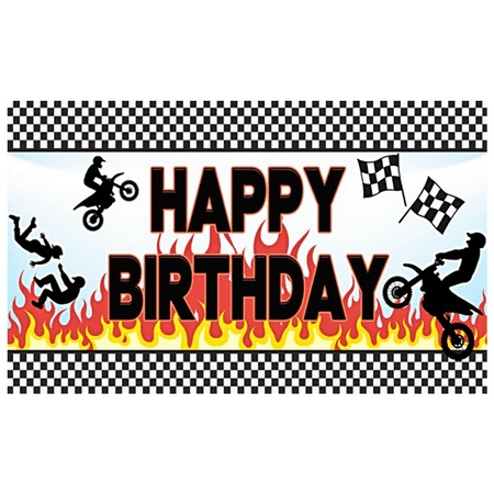Yatrandify Motocross Design Happy Birthday Banner Fire Theme Checkered Pattern Party Decoration for Outdoor Events Birthday Celebrations Motorcycle Enthusiasts