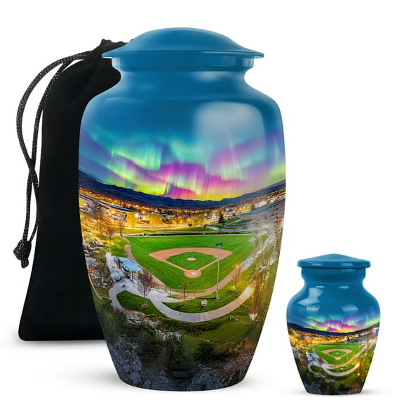 Yatskia Baseball Ground with Northern Lights Small Memorial Keepsake Urns for Human Ashes Adult Mom and Dad, Large Funeral Urn for Adult Ash, (Classic 10 Inch and 3 Inch)